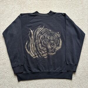 Vtg Tiger Graphic Sweatshirt Mens Large Black Crewneck 80s Animal Print Nature